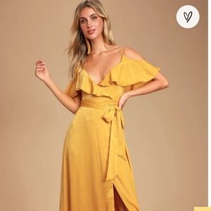 Moriah Mustard Yellow Satin Wrap Maxi Dress